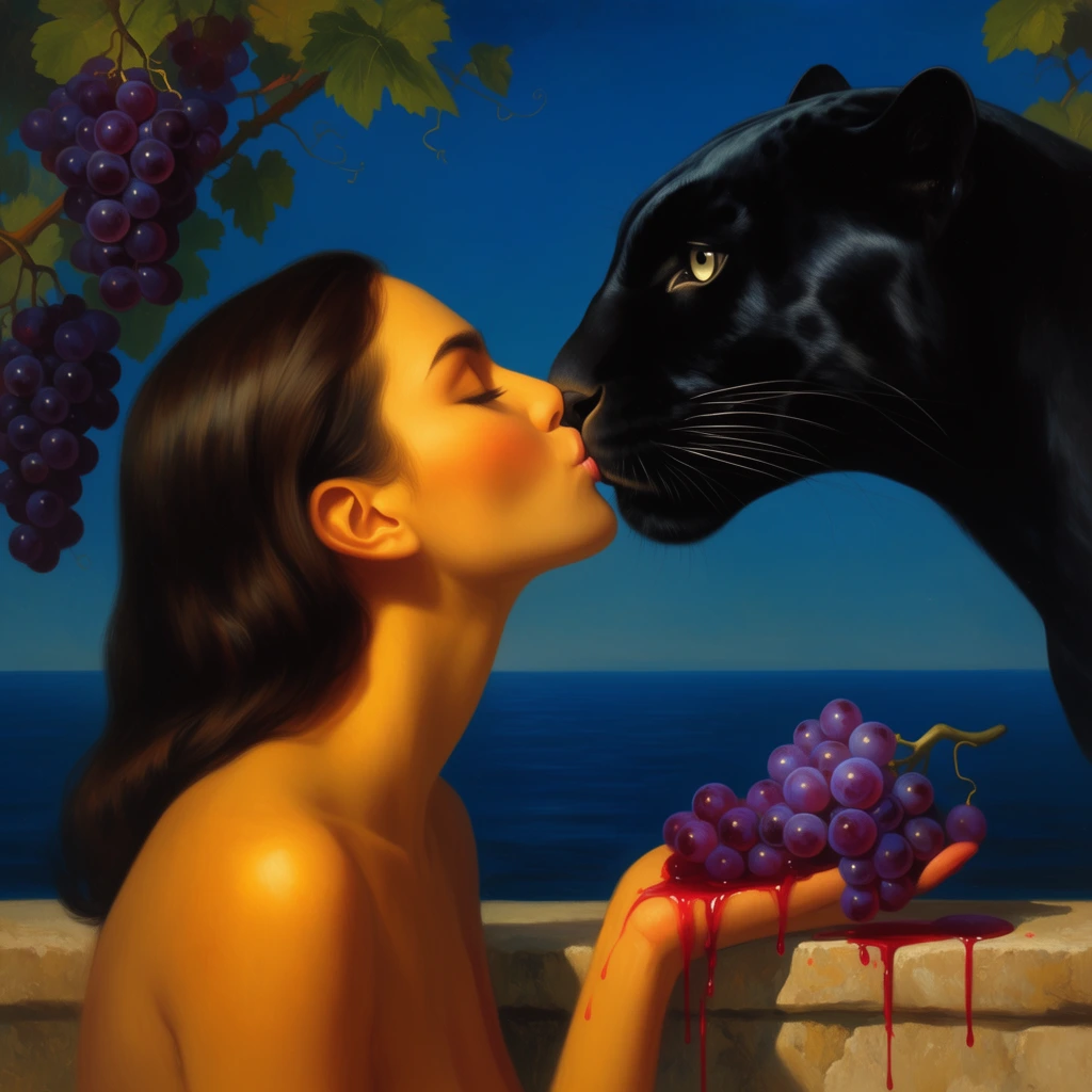 profile of woman kissing black panther, lower hand holding purple grapes dripping red fluid onto stone ledge, hanging grape vine, deep blue sea and sky background, surrealist oil painting style, warm golden lighting, smooth rendering, side angle