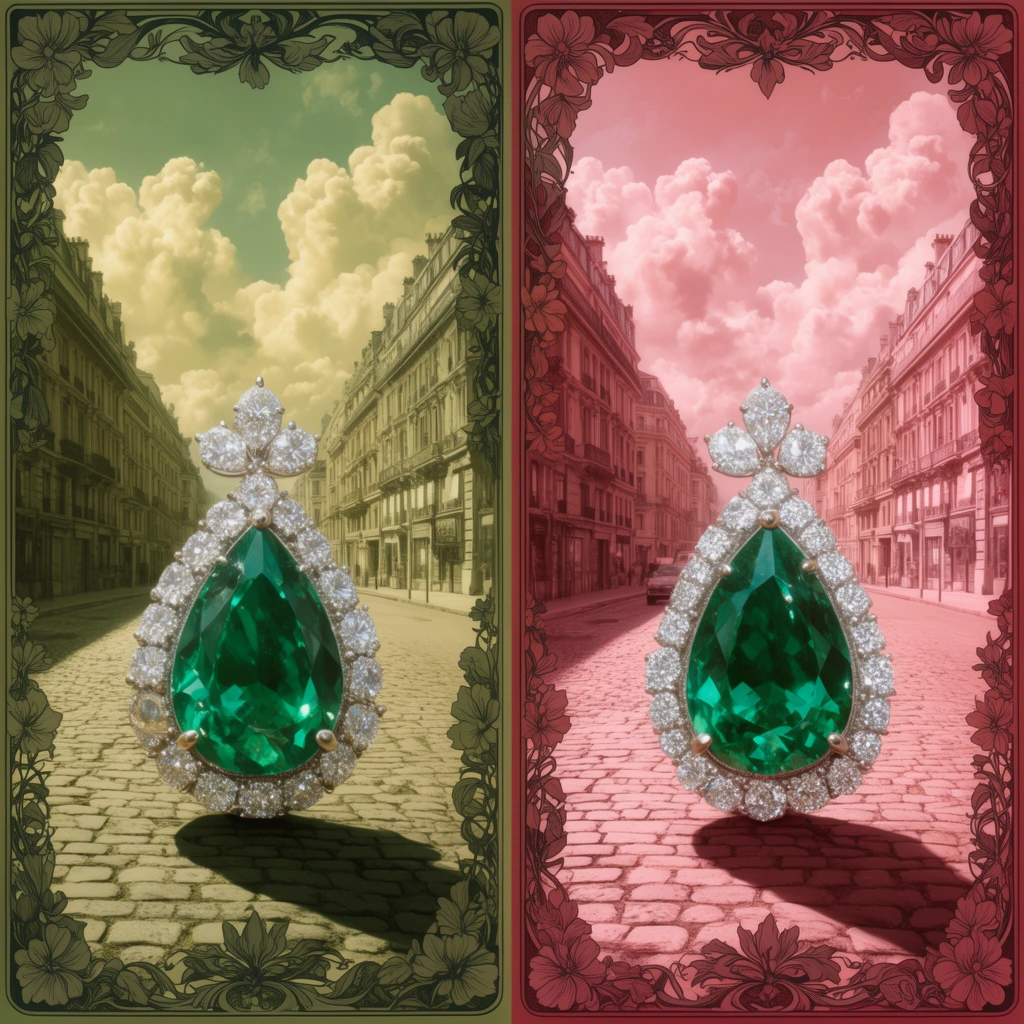 two vertical panels, identical surreal compositions, left panel greenish-yellow hue, right panel pinkish-red hue, ornate dark Art Nouveau floral borders, oversized pear-shaped emerald and diamond jewelry on cobblestones, classical European city street in one-point perspective, fluffy clouds, vintage illustration style, photorealistic jewelry, forced perspective, dramatic shadows