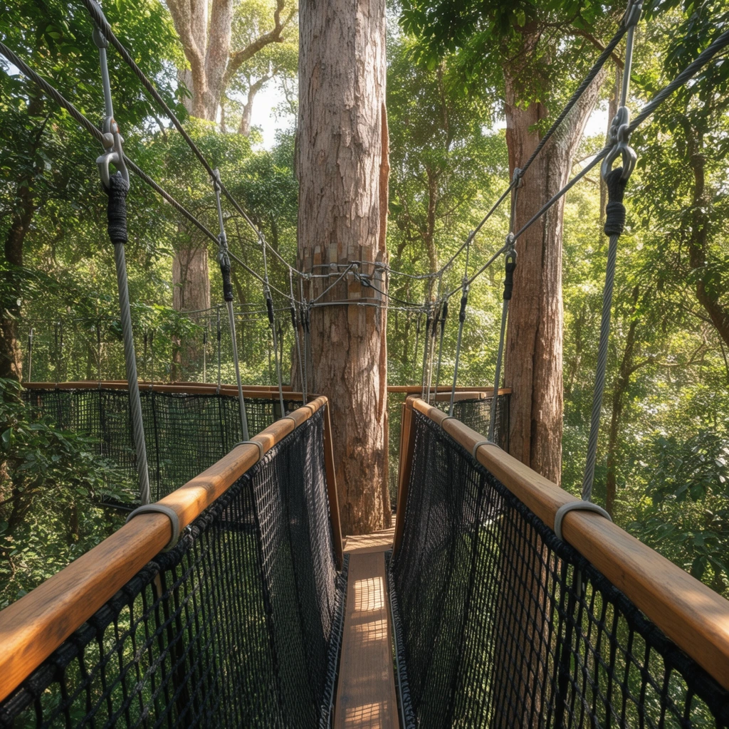 suspended canopy walkway in dense forest, black safety netting bridge, wooden handrails, massive tree trunks, steel cables, dappled sunlight, first-person perspective
