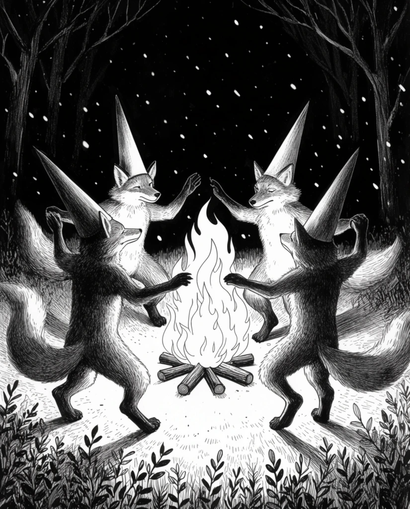 Four bipedal anthropomorphic foxes wearing tall pointed hats, dancing in a circle around a blazing campfire, dark night forest setting, black and white ink illustration, high contrast, stippling and hatching textures, bushy tails, stylized flames, logs arranged in star pattern, bare trees in dark background, falling snow against pitch-black sky, foreground foliage