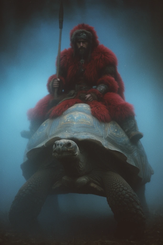 nomad in thick crimson furs riding a massive armored tortoise, dense blue glowing fog, atmospheric haze, grainy cinematic 35mm film, low visibility
