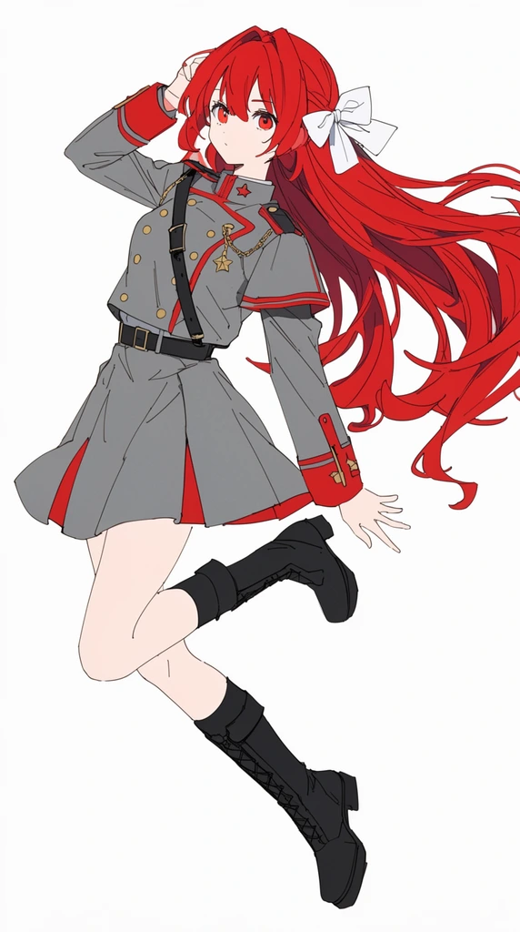 anime illustration, young woman floating dynamically, long flowing bright red hair, red eyes, white hair bow, grey military-style skirt suit with red accents and black straps, gold buttons, star-shaped charm, black boots, mid-air pose, right hand raised to head, clean line art, flat cell shading, minimalist plain white background
