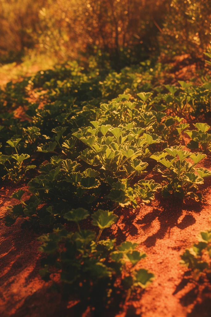 Dense clusters of low-lying green plants with scalloped leaves emerge from reddish-brown sandy soil. Intense dappled golden sunlight strikes the foliage, casting deep, high-contrast shadows across the earth. A shallow depth of field blurs the distant brush and immediate foreground. The image features a warm amber color grade and subtle film grain for a vintage photographic aesthetic.