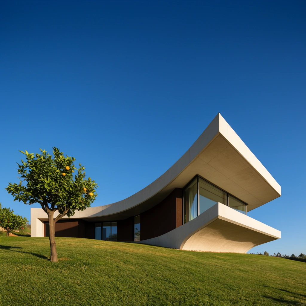 A contemporary concrete house with a dynamic sweeping cantilever rests on a sloped green lawn beneath a vast cloudless blue sky. The pale, curving roofline projects dramatically over dark brown hillside walls and expansive glass windows. A solitary citrus tree anchors the vibrant grassy foreground. Low-angle architectural photography and bright directional sunlight highlight the fluid, minimalist geometry of the structure against the deep blue backdrop.