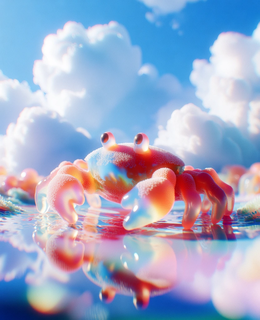 a single translucent gummy crab with a frosted sugar texture and sub-surface scattering, perched on a mirror-like iridescent liquid surface, soft pastel pink and peach gradients, low-angle macro perspective with extreme shallow depth of field, background features ethereal backlit puffy cumulus clouds against a bright cerulean sky, heavy bloom and soft light leaks, dreamy 2000s digital aesthetic, chromatic aberration, fine film grain, whimsical candy-like materiality, octane render style.