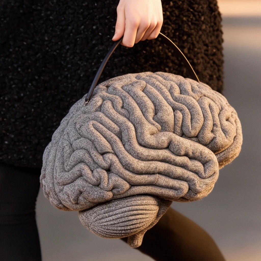 A person carries an oversized, grey, brain-shaped handbag constructed from thick, convoluted tubular folds of textured knit material. A pale hand grips a thin, dark, arched handle attached to the voluminous, anatomical accessory. The bag's heathered grey surface catches warm light, highlighting deep crevices and organic curves in its surreal design. The individual wears a heavily textured black garment over dark leggings, creating a stark backdrop. Shot as a tight midsection close-up with a shallow depth of field, the background blurs into soft, warm grey tones, drawing full focus to the sculptural, eccentric fashion piece.
