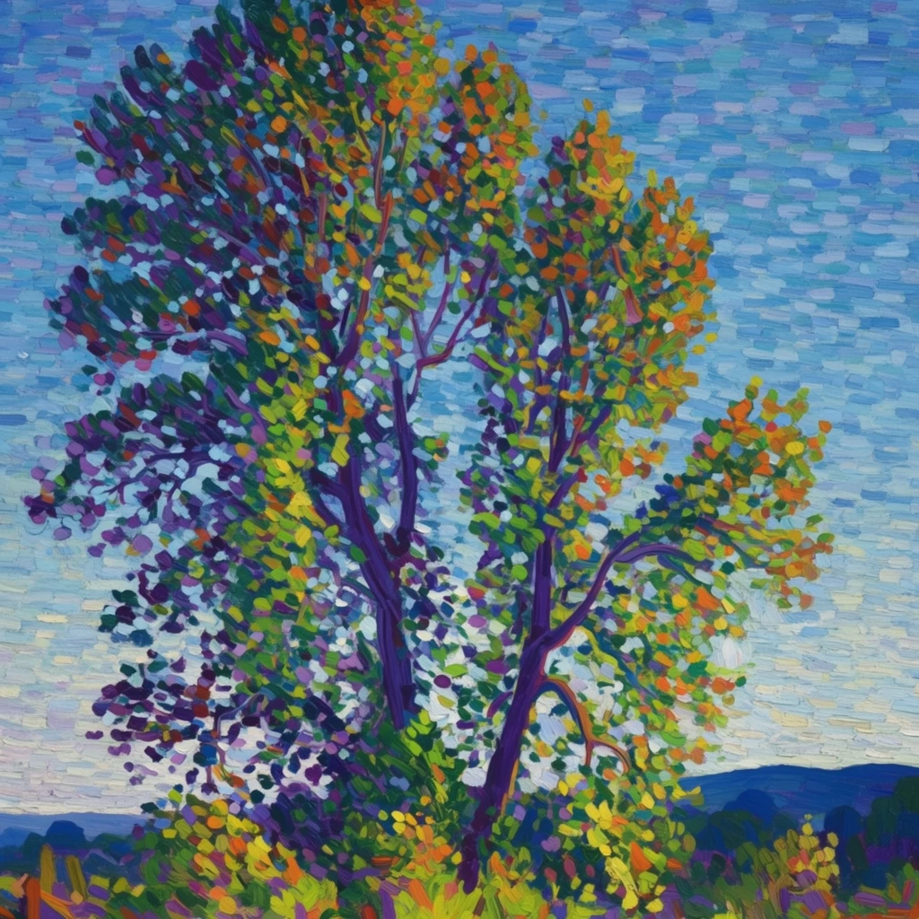 large stylized tree reaching upward, impressionistic landscape painting, thick expressive brushstrokes, vibrant foliage of green, yellow, orange, and deep purple dabs, dark purple trunks, expansive sky created with horizontal pointillist marks in cerulean, light blue, and white, distant dark blue hills on a low horizon, bright vegetation at the base, divisionist art style, bold contrasting palette, vivid lighting