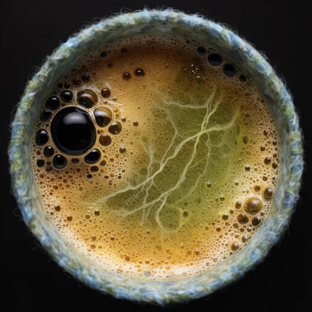 Macro top-down view of frothy golden-brown and olive-green liquid. Dense microscopic bubbles and pale, thread-like veins cover the surface, with one large glossy black bubble on the left. The fluid is ringed by a fibrous, woven cup edge in muted blue and green, set against a solid black background.