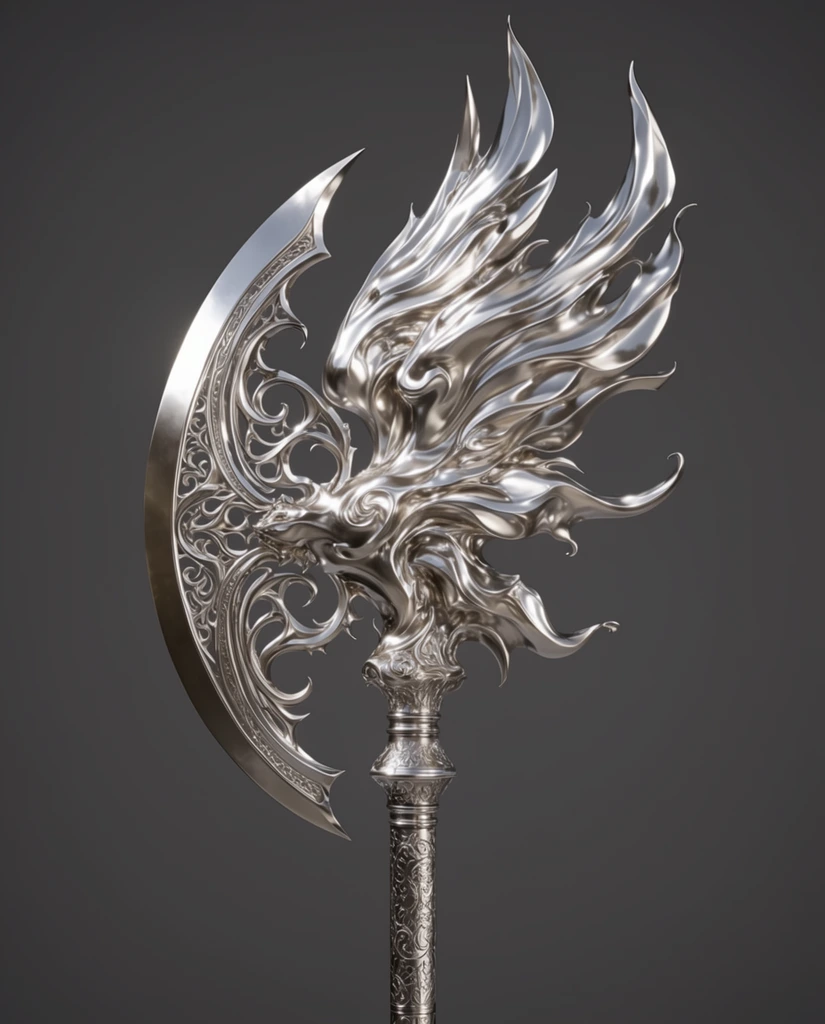 A polished silver ceremonial scepter features a highly ornate head of flowing, liquid-metal wing formations cresting outward. The meticulously etched cylindrical shaft terminates in a complex, filigree-carved crescent blade with gothic swirls. Highly reflective metallic surfaces catch bright studio lighting against a minimal dark grey background, highlighting the stylized 3D-rendered aesthetic, intricate organic curves, and sharp edges of the sculpted fantasy weapon.