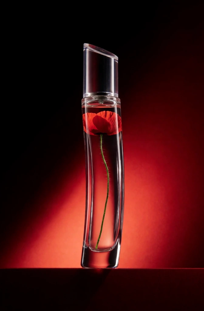 A tall, curved clear glass perfume bottle containing a single red poppy flower stands vertically against a dramatic red and black gradient background. The bottle is a slender, transparent cylinder with a gentle s-curve, resting on a flat, dark horizontal surface. Inside the bottle's clear liquid, a long, thin green stem extends upwards from the base, terminating in a vibrant, blooming red poppy flower head positioned just below the bottle's neck. A tall, clear cylindrical cap with a diagonally slanted top sits atop the bottle. The scene is illuminated by dramatic studio lighting that creates sharp white highlights along the glass edges and a luminous red glow in the background. This background transitions from a deep, solid black on the left and edges to a bright, saturated red hotspot behind the bottle, casting a diagonal wash of light across the frame. The color palette is minimal, dominated by deep crimsons, blacks, and the contrasting green of the flower stem. The composition is centered and minimalist, captured from a straight-on, eye-level perspective that emphasizes the sleek, modern silhouette of the glass.