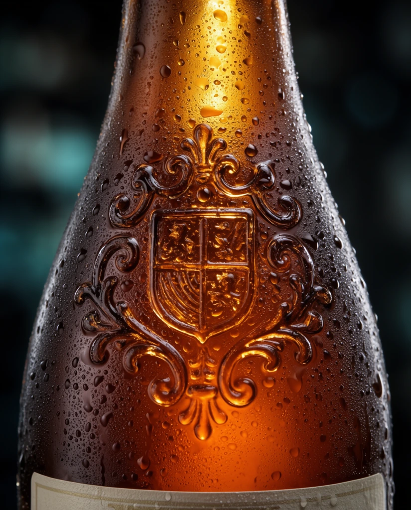 Extreme close-up of a chilled brown glass bottle filled with glowing amber liquid. The curved glass features an ornate embossed heraldic crest and raised scrollwork, coated entirely in fine water droplets and condensation. A bright backlight illuminates the golden-brown contents, creating sharp specular highlights on the textured surface. A sliver of a pale paper label is visible at the bottom edge. The background is a dark, blurred void with soft bokeh shapes in deep teal and charcoal. High-contrast commercial macro photography with a shallow depth of field.