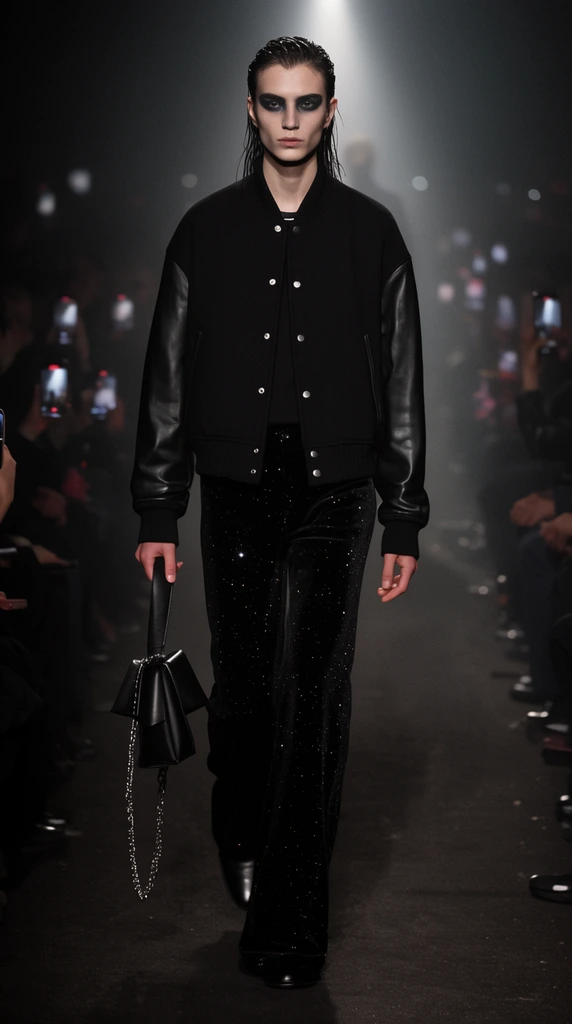 androgynous model walking a smoky runway in an all-black ensemble, dark smokey eye makeup, slicked-back wet hair, black bomber jacket with leather sleeves, silver snap buttons, sparkling black velvet trousers, structural black leather bag with dangling silver chain, dramatic spotlight, hazy atmosphere, audience in deep shadows holding up glowing smartphones, fashion photography, moody cinematic lighting, shallow depth of field