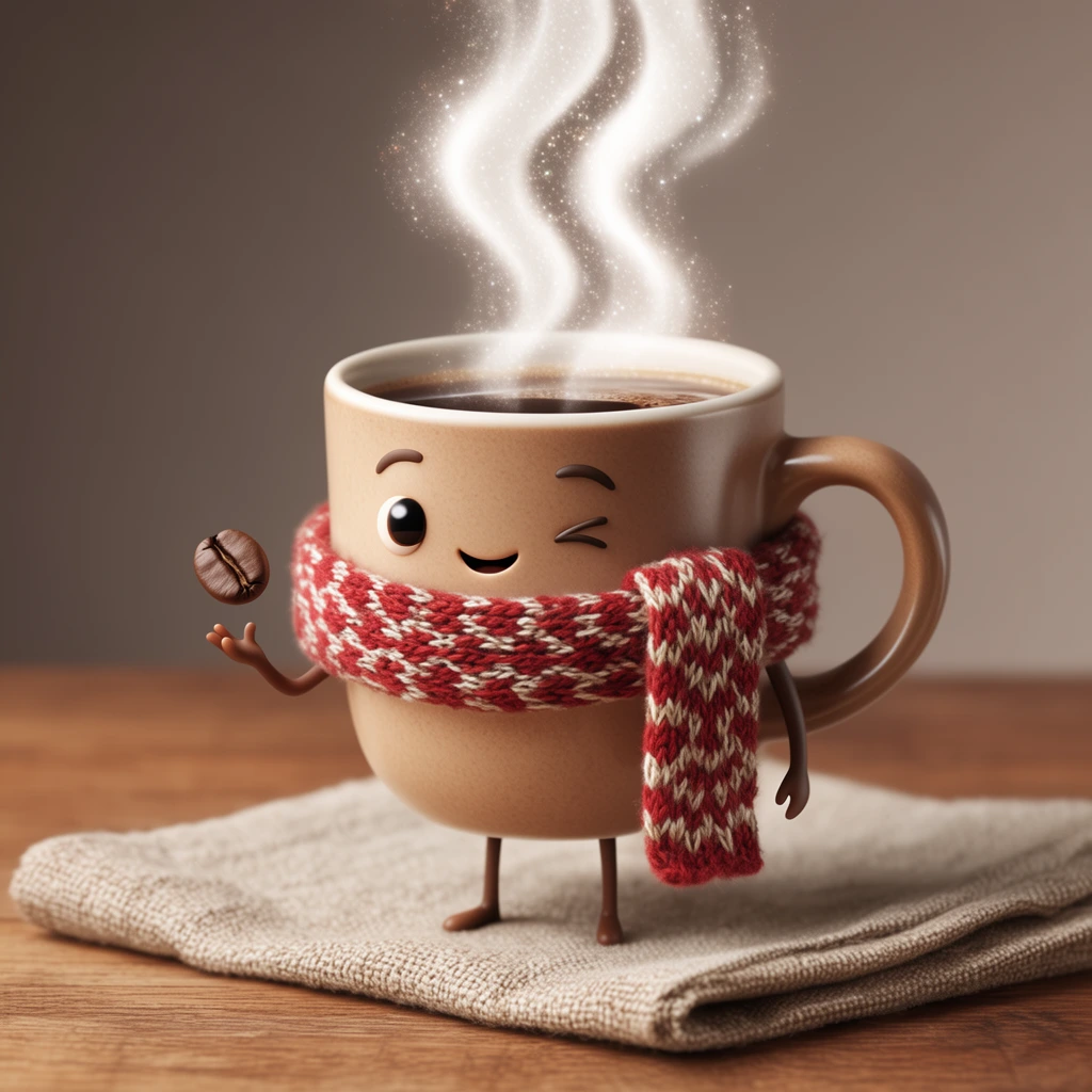 An anthropomorphic light brown ceramic coffee mug winks playfully while tossing a single roasted coffee bean. The smiling character has thin stick-like limbs and wears a cozy red and white patterned knit scarf. Hot dark liquid fills the cup, releasing tall, wavy plumes of glowing white steam speckled with sparkling dust. The mug stands on a textured beige napkin resting on a wooden table. Soft studio lighting, a warm color palette, and a blurred taupe background highlight this whimsical 3D illustration and the rich textures of the ceramic and yarn.