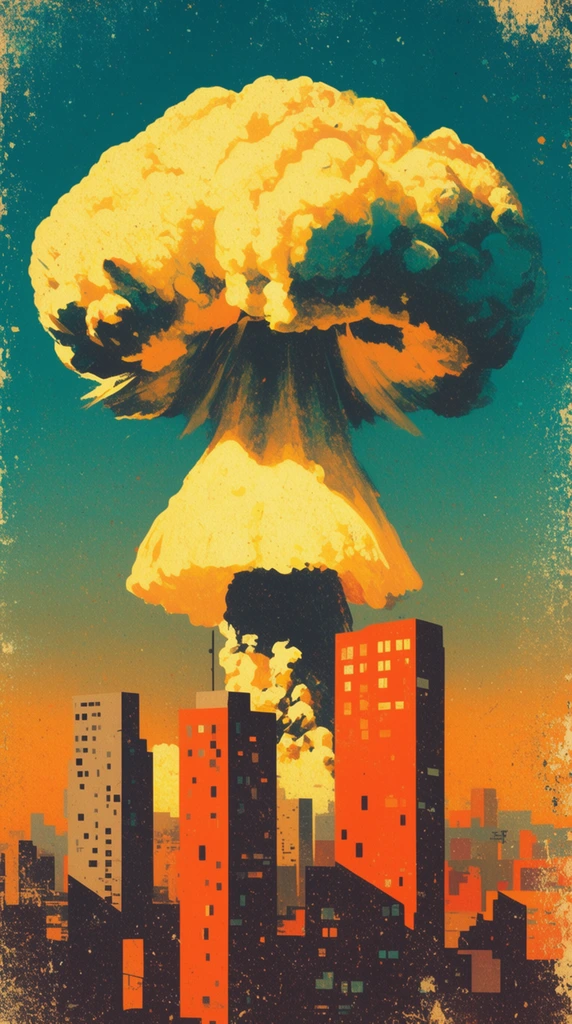 A colossal, bulbous mushroom cloud towers behind a blocky cityscape in a distressed vintage pop-art illustration. The massive explosion features pillowy, glowing yellow formations with deep teal shading and a thick, dark stem. In the foreground, simplified geometric skyscrapers are rendered in flat shades of vibrant orange, tan, and dark charcoal with scattered rectangular windows. A smooth gradient sky shifts from deep teal to a golden-orange horizon. The artwork is heavily textured with speckles and weathered edges, resembling an aged screen-printed poster with a high-contrast palette.