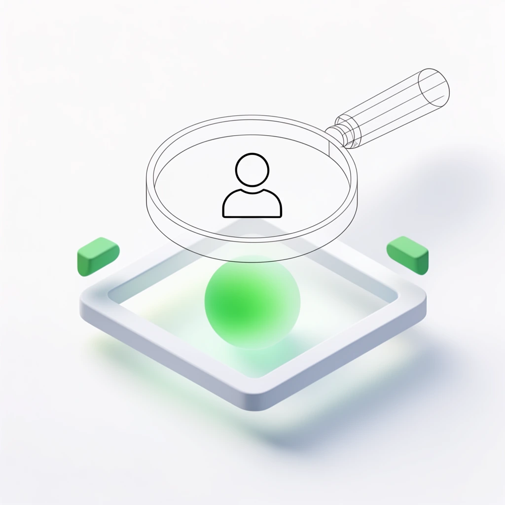 3D isometric illustration, wireframe magnifying glass hovering over a solid square frame, minimalist line-art human avatar inside, soft white and light gray tones, bright green glowing sphere below, floating green geometric accents, clean corporate minimalist aesthetic, bright white background, soft drop shadows