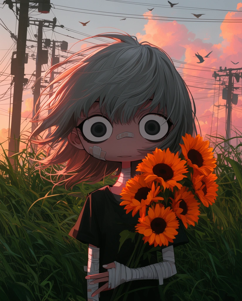 stylized anime girl with exaggerated head proportions, windblown grey hair, wide staring eyes, facial and arm bandages, dark shirt, holding vibrant orange sunflowers, standing in tall overgrown green grass, utility poles and power lines crisscrossing the background, flying birds, warm sunset sky with pink and orange clouds, striking rim lighting, atmospheric digital illustration