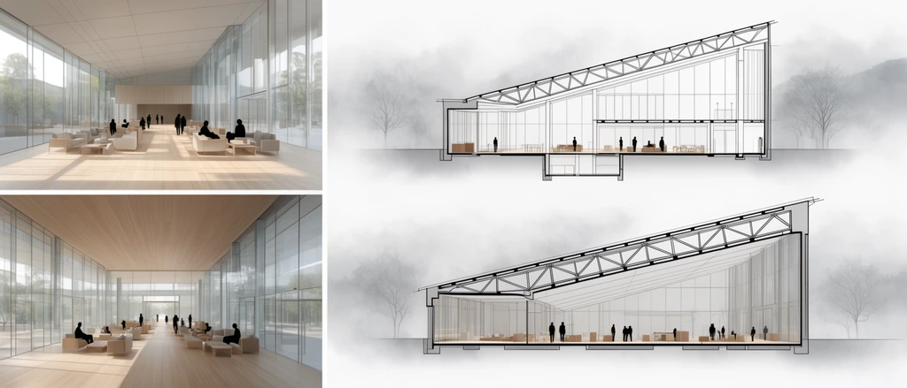 architectural presentation board, modern building cross-sections, black structural lines against misty gray, black human silhouettes among furniture, sloped truss roof, wooden floor plan layout, photorealistic interior perspectives, sunlit halls, glass curtain walls, pale wood floors, technical illustration