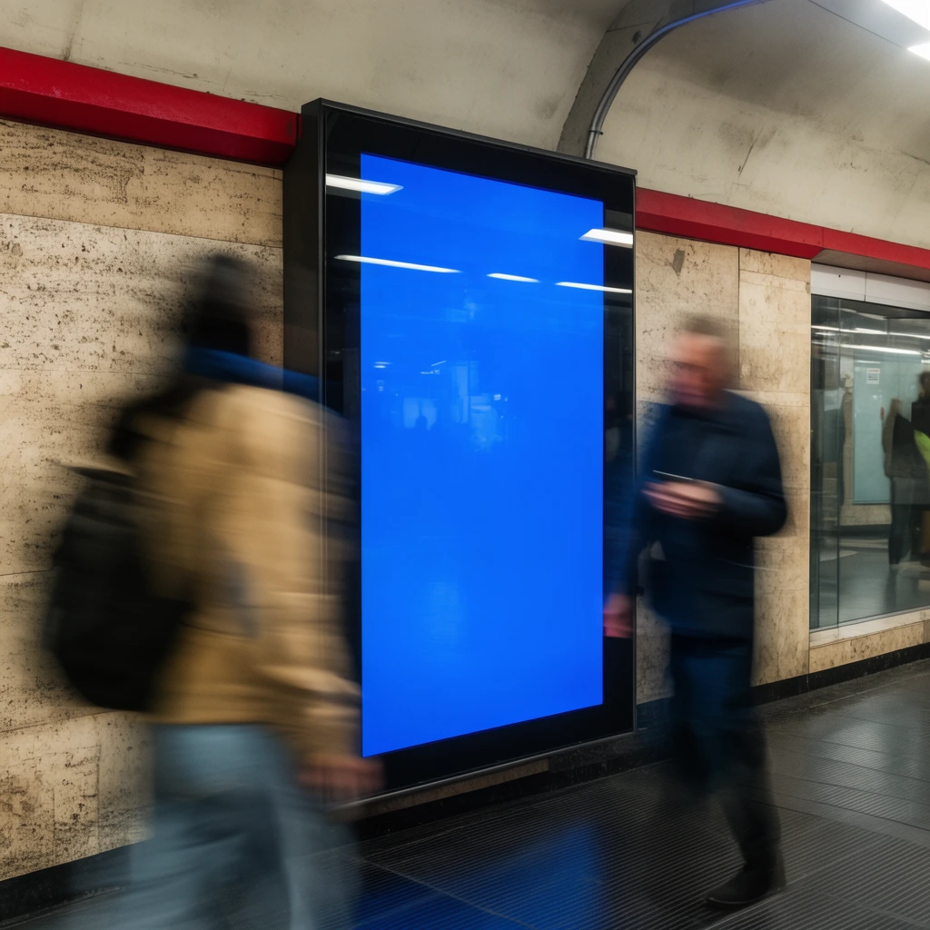 glowing solid blue digital display in an underground transit corridor, heavy motion blur on passing pedestrians, textured beige stone walls with red horizontal trim, dark ribbed flooring, glass reflections, urban street photography