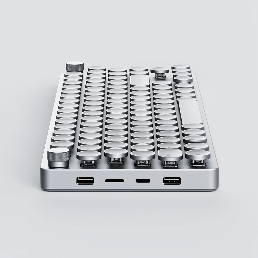 slim silver mechanical keyboard, flat circular keycaps, textured metallic dials, front edge connection ports, minimalist industrial design, studio product photography, plain light grey background