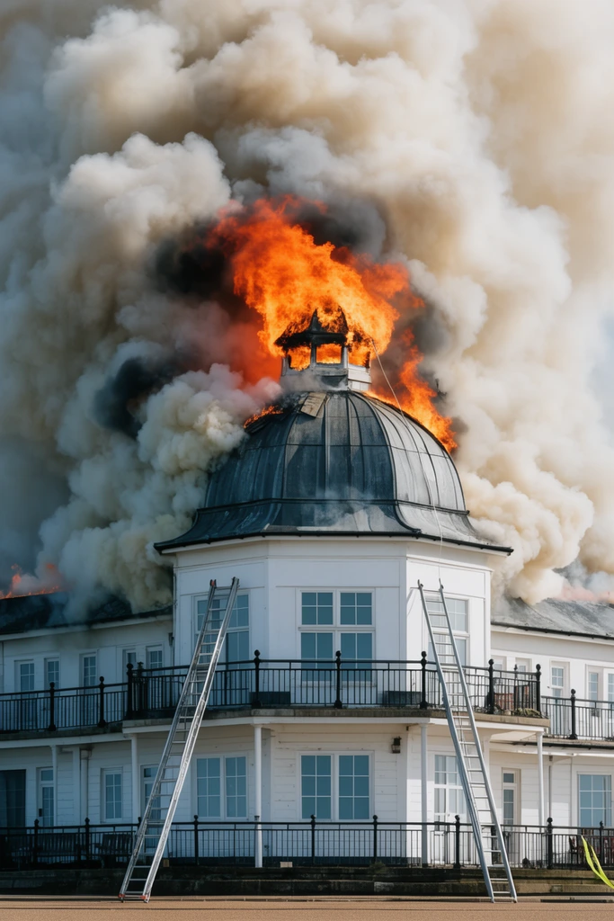 white seaside pavilion engulfed in flames, thick billowing smoke filling the sky, bright orange fire bursting from the roof dome, tall rescue ladders against balconies, daytime photography