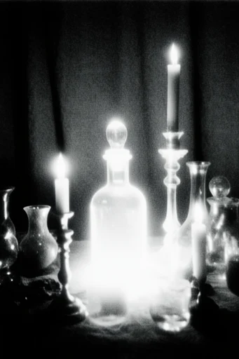 Monochrome Occult Surrealism style reference image — heavy analog film grain
