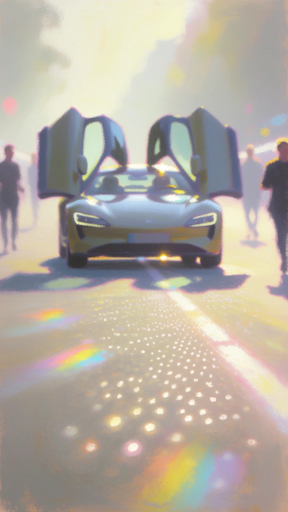 an impressionistic, ethereal scene of a sleek car with dihedral doors fully open on a runway, soft-focus painterly brushstrokes, hazy luminous backlighting, diffused glow, stippled points of light, prismatic color refractions across the asphalt, diamond-patterned light textures, high-key pastel palette of soft greys, lemons, and lavenders, dreamlike and airy atmosphere, blurred silhouettes, radiant stippling, ethereal light bloom, luminous impressionist oil style.