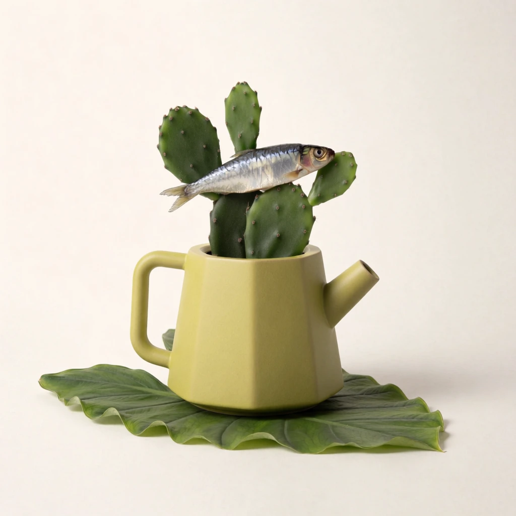 minimalist editorial still life, a matte chartreuse ceramic teapot containing flat green cactus pads and a fish resting on a broad leaf, centered frontal composition, soft diffused high-key studio lighting, clean off-white seamless background, contemporary aesthetic, a color palette dominated by chartreuse and muted olive green, sophisticated art direction, subtle shadows, clean lines, elegant and serene mood