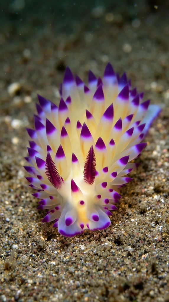 translucent nudibranch with a pale yellow gelatinous body, covered in numerous finger-like projections with vibrant deep purple pointed tips, two feathery dark magenta sensory tentacles at the front, crawling on a textured seabed of coarse brown and gray sand, macro photography, shallow depth of field, sharp focus on the marine creature, blurred background, natural underwater lighting, striking color contrast