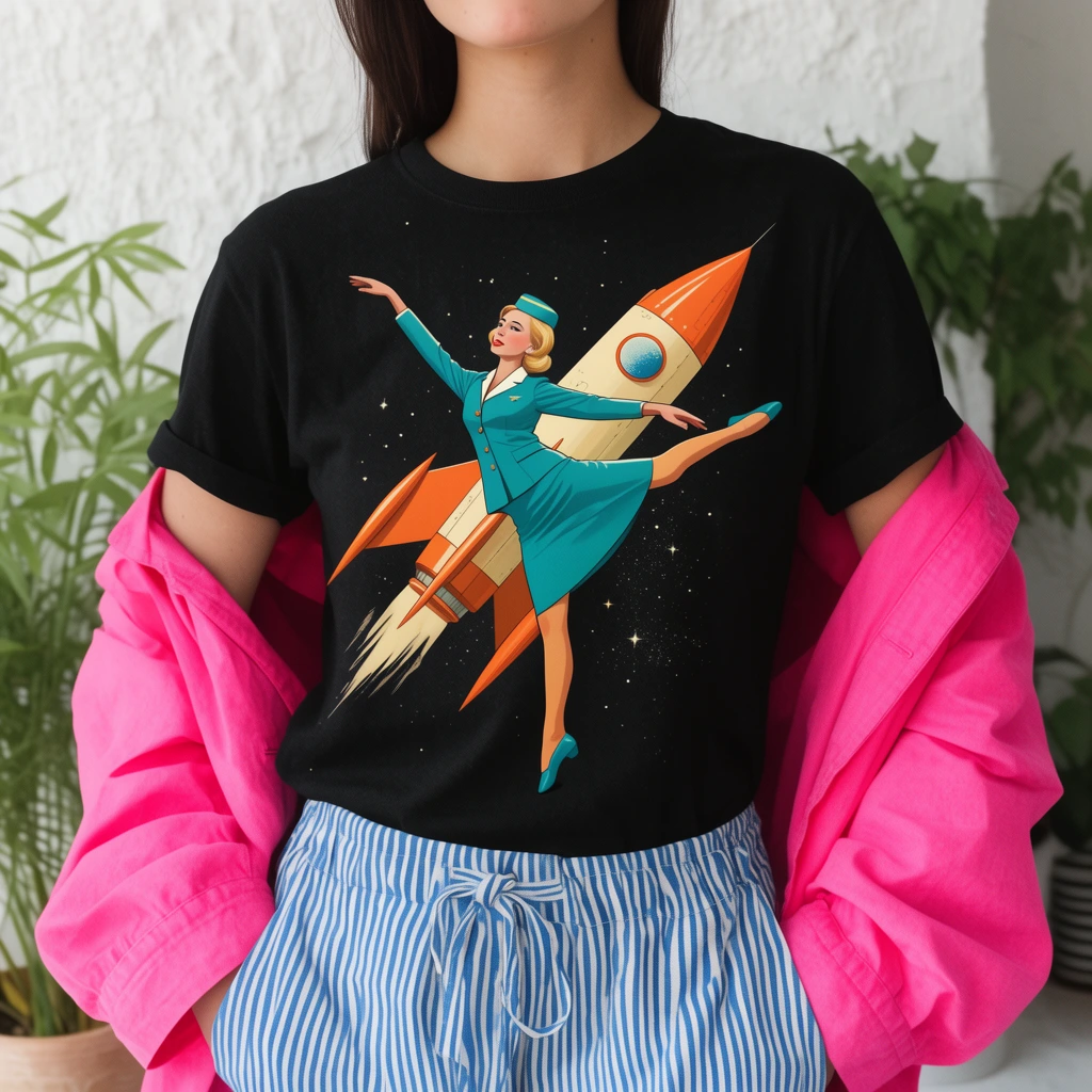 A person from the chin down wearing a black t-shirt with a retro-futuristic illustration of a blonde woman in a teal 1960s flight attendant uniform striking a ballet pose before an orange and cream rocket ship against a starry background. They wear an unbuttoned bright pink jacket draped over their arms and blue and white striped pants. A white textured wall and green potted plant form the background.