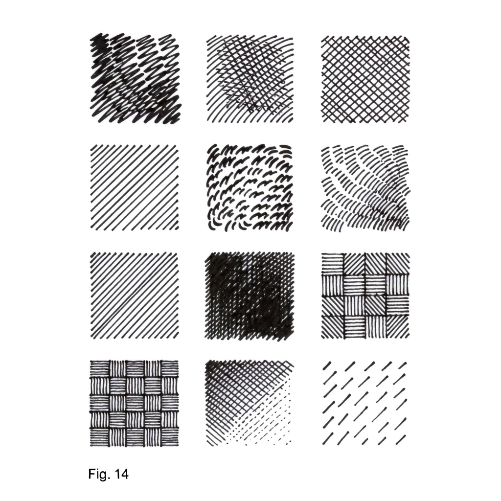 A grid of twelve black ink squares on a white background illustrates various shading and hatching techniques for pen-and-ink drawing. The squares are arranged in four rows and three columns, each showcasing a unique pattern of lines. In the top row, the first square features dense, layered scribbles; the second displays rhythmic, curved parallel lines with light cross-hatching; and the third shows a standard diagonal cross-hatch pattern. The second row begins with clean, evenly spaced diagonal parallel lines, followed by a square filled with short, flicked, curved strokes in a wavy arrangement, and ends with short, overlapping curved hatches that create a feathered texture. The third row contains a square of diagonal lines, an almost solid black square created by intense, dense overlapping strokes, and a mosaic-like pattern of small blocks filled with parallel lines oriented in different directions. The bottom row showcases a structured basket-weave pattern of alternating vertical and horizontal line segments, a gradient cross-hatch that thins out towards the bottom, and a sparse collection of short, separated diagonal strokes. In the bottom left corner, the text "Fig. 14" is printed in a small, black, sans-serif font. The image is a high-contrast technical illustration with sharp black lines against a plain white field, presented in a clean and organized layout.