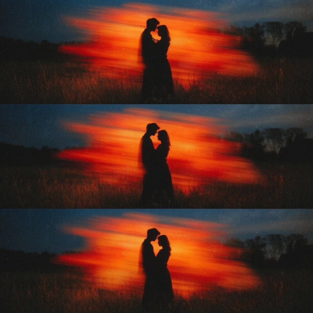 A vertically stacked triptych showing a couple silhouetted against a fiery, motion-blurred sunset in a dark grassy field. The two figures stand intimately close, rendered as deep black silhouettes. Behind them, an intense glowing orange and red light is heavily smeared horizontally across the center of each frame, created by a long exposure technique. The surrounding environment features a dark blue twilight sky and faint distant trees. The composition exhibits a strong vintage cinematic aesthetic characterized by heavy textured film grain, deep contrast, and a dreamlike abstract quality where the vibrant streaks of light visually envelop the embracing figures.