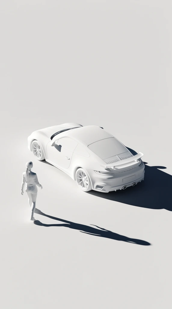 minimalist 3D clay render, high-angle wide shot, pure white monochrome palette, small female figure walking toward a modern sports car, endless blank white environment, stark matte textures, strong directional sunlight, long sharp dark shadows cast on the ground, vast negative space, clean architectural aesthetic, stark contrast
