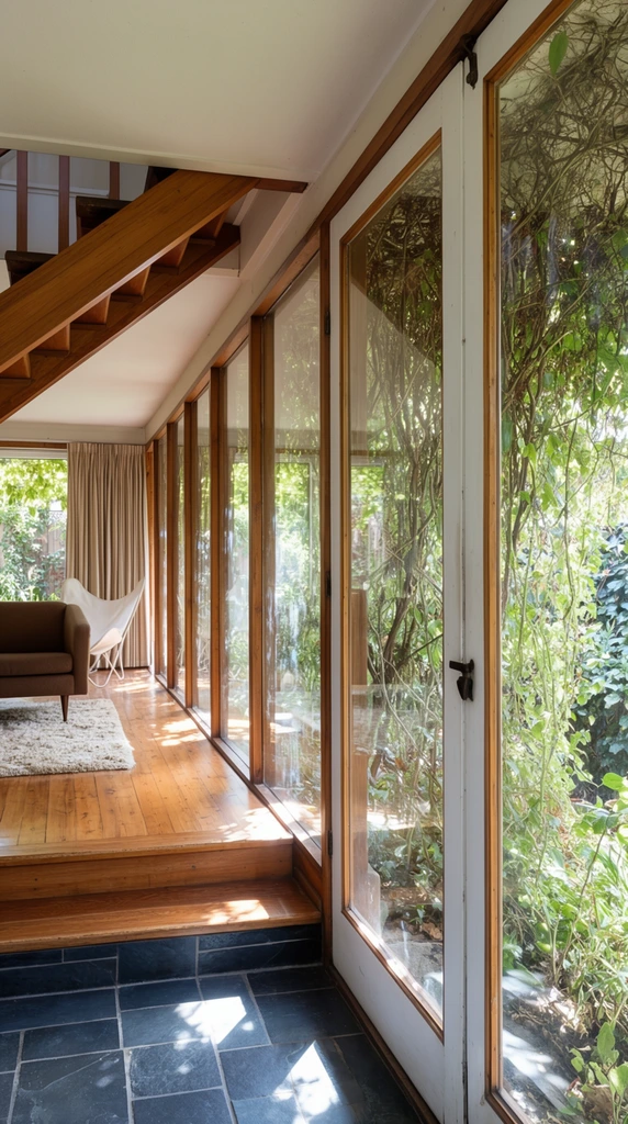A sunlit mid-century modern interior defined by a continuous wall of floor-to-ceiling glass panes revealing a dense exterior garden of overgrown green vines and foliage. The deep perspective looks down the length of the room, starting from a slate tile floor that steps up to polished wooden floorboards. An angled wooden open-riser staircase descends from the upper left. In the background, a living area contains a brown sofa on slender legs, a textured cream rug, a white butterfly chair, and drawn beige curtains. The massive glass doors feature white frames with natural wood trim and a dark metal latch. Bright, dappled natural daylight floods the space, casting sharp geometric shadows across the floors and emphasizing the striking contrast between the warm architectural wood elements and the lush green exterior.