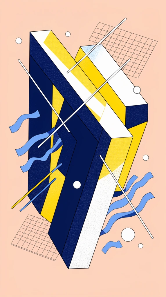 An isometric 3D composition of massive, extruded geometric block structures in navy blue, bright yellow, and white with halftone stippling on a peach background. The overlapping angular forms feature crisp black outlines, intersected by thin diagonal rods, floating white spheres, wavy blue ribbons, and flat wireframe grid planes.