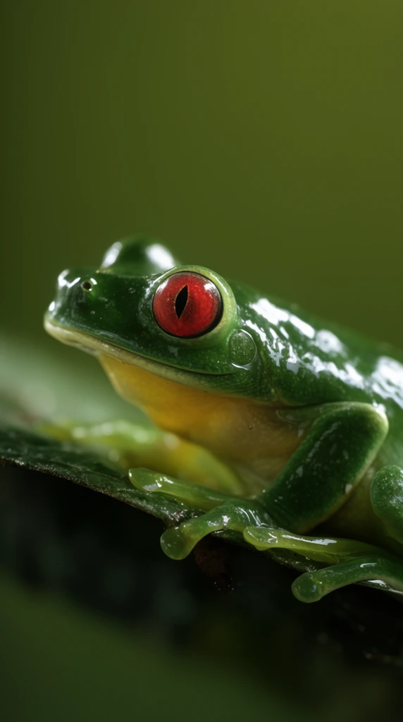 A vibrant green tree frog rests on a dark leaf in a close-up macro photograph. The amphibian features glossy, moist skin, a pale yellow underbelly, and a prominent bright red eye with a vertical slit pupil. Thin, translucent green toes grip the textured leaf edge. Soft directional light casts sharp specular highlights across the frog's wet back and head, while a extremely shallow depth of field dissolves the background into a smooth, uniform moss-green bokeh.