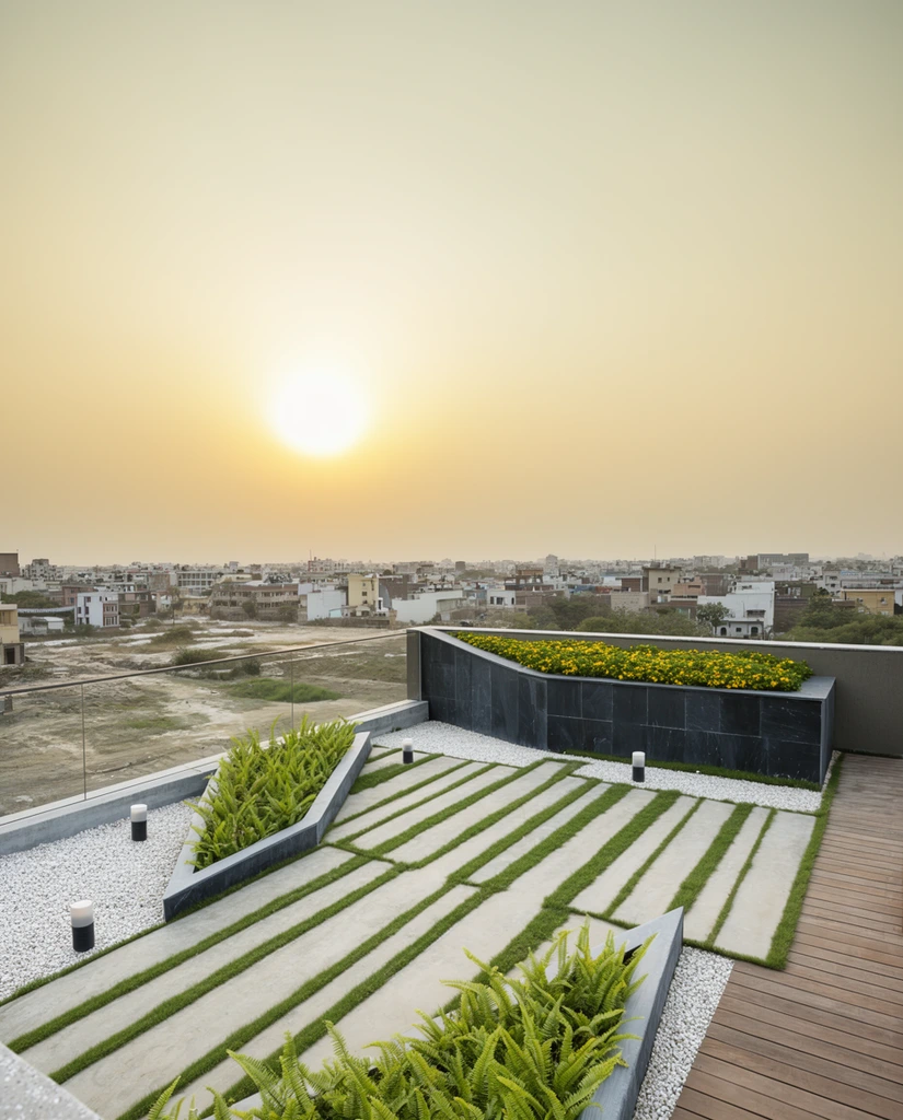 modern rooftop terrace overlooking a hazy sunset cityscape, geometric landscaping, alternating concrete slabs and grass strips, angled planters with ferns, dark slate retaining wall with yellow flowers, wooden decking, white gravel, cylindrical ground lights, sprawling background of low-rise buildings and vacant dirt lots, pale yellow sky, bright diffuse sun low on the horizon, wide-angle architectural photography, deep depth of field