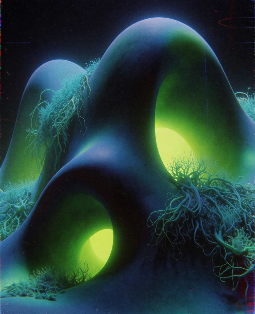 undulating organic structures with deep cavernous openings and tangled alien vegetation, bathed in a haunting 1980s crt-phosphor glow, deep indigo and cyan palette with intense lime-green light leaking from voids, heavy analog film grain, scanline-like texture, chromatic aberration, soft ethereal bloom, high-contrast chiaroscuro lighting, minimalist composition against a pitch-black void, lo-fi tactile finish, moody retro-futurist aesthetic.