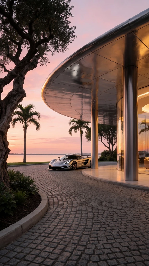 A silver hypercar sits on a curved cobblestone driveway beneath a modern metallic building canopy supported by cylindrical columns. A large gnarled tree and tall palms frame a calm waterfront sunset under pastel pink skies, while warm light radiates from a glass-walled lobby.