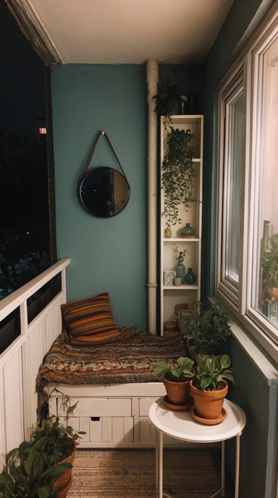 cozy narrow enclosed balcony at night, matte teal walls, built-in white wooden bench seat with lower drawers, earthy patterned blanket, brown and orange striped throw pillow, small white side table holding two terracotta potted plants, tall narrow white shelving unit displaying trailing greenery and small vases, round mirror hanging by a strap, white railing on the left overlooking dark exterior, white framed glass windows on the right, scattered potted houseplants, exposed vertical white pipe, warm low-light interior photography, bohemian lived-in aesthetic