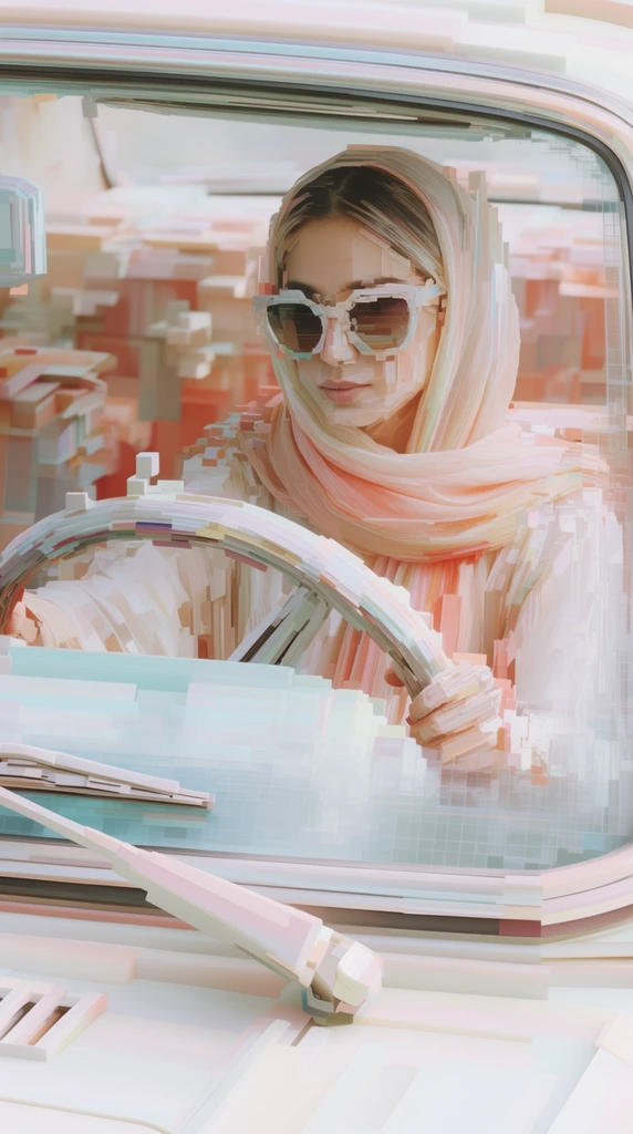 A woman wearing sunglasses and a headscarf sits behind a steering wheel viewed through a car windshield with resting wipers in the foreground, entirely rendered in a fragmented, 3D geometric glitch aesthetic made of extruded rectangular blocks. The woman's face, sunglasses, and flowing headscarf are constructed from cascading, intersecting cubic forms and vertical rectilinear extrusions that shatter into blocky, architectural planes along their outer edges. She is positioned behind a steering wheel formed by interlocking, stepped 3D rectangles, with the perspective framed through a fractured, grid-like translucent windshield barrier. Elongated, jagged cubic shapes construct the resting windshield wipers in the immediate foreground, while the background behind the woman dissolves into a dense, abstract matrix of stepped platforms and isometric geometric blocks. The entire composition features a high-key pastel color palette dominated by pearlescent whites, pale peach, muted coral, and soft light cyan. Smooth, diffused lighting creates soft ambient occlusion shadows across the crisp edges of the voxel-like databent surfaces, highlighting clean, ethereal color gradients mapping across the deconstructed structural planes.