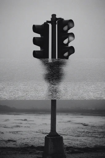 Distressed Monochrome Surrealism style reference image — heavy film grain