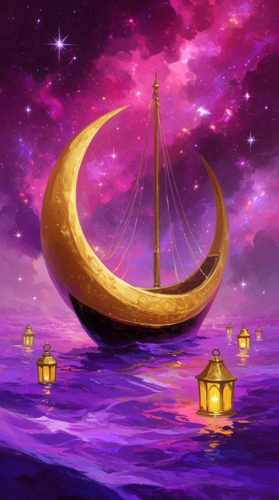 large golden crescent moon boat, tall mast with delicate rigging lines, dark lower hull resting on wavy vibrant purple and violet sea, glowing yellow brass lanterns floating on the water surface, bright magenta and deep purple nebula sky, scattered white stars and radiant starbursts, luminous magical atmosphere, digital painting, visible painterly brushstrokes, fantasy illustration, rich pink and gold color palette