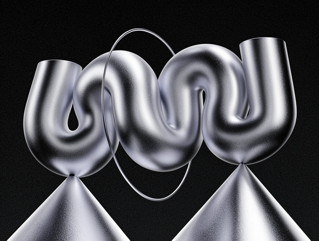 abstract 3D geometric sculpture, thick undulating tubular forms with smooth curves resting on two flared triangular bases, intersected by a delicate thin circular ring, monochromatic silver palette, heavy stippled texture, frosted metallic finish, soft specular highlights, smooth gradient lighting, high contrast, dark background with heavy film grain