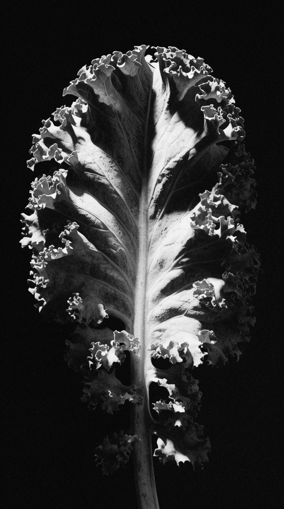 A single, prominent kale leaf with intricately ruffled margins and pronounced central veins emerging from a pitch-black void. Harsh, dramatic directional lighting strikes the undulating edges and complex topography of the leaf, creating an intense chiaroscuro effect with glaring white highlights and heavy, solid shadows. The composition is entirely monochromatic, featuring a stark, high-contrast tonal range and a coarse film grain throughout. The severe illumination gives the botanical subject a monumental, sculptural quality, rendering its surface with a matte, stone-like texture full of micro-abrasions and gritty visual noise against the pure darkness of the background.