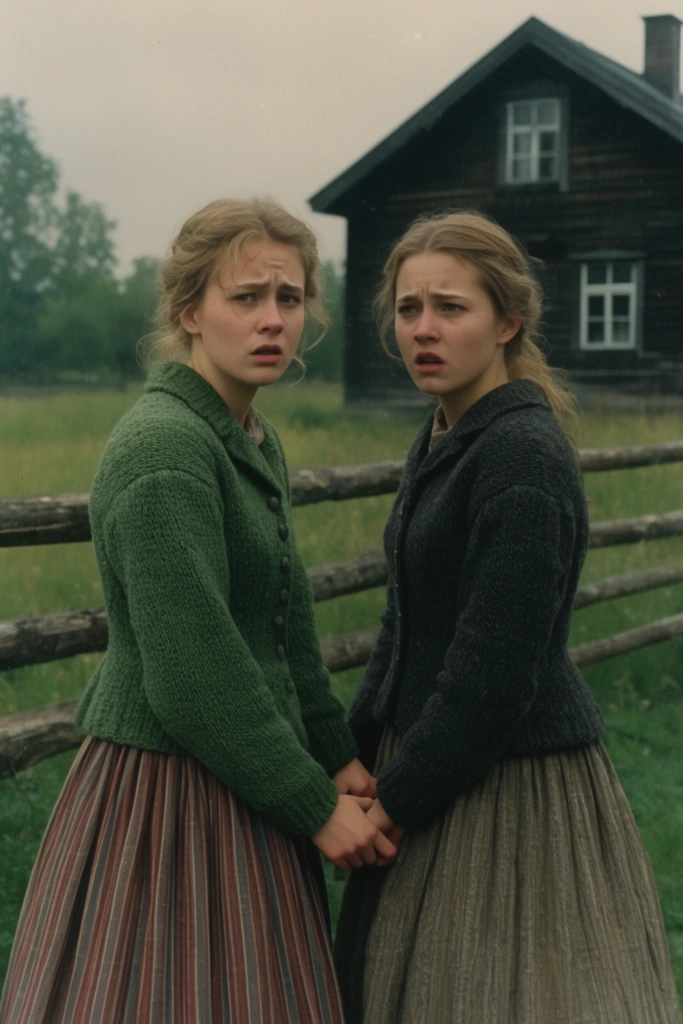 two anxious young women holding hands in 19th-century rural attire, green and dark grey knit jackets, striped skirt, wooden fence, grassy field, dark wooden house, overcast sky, muted tones, vintage 35mm film still