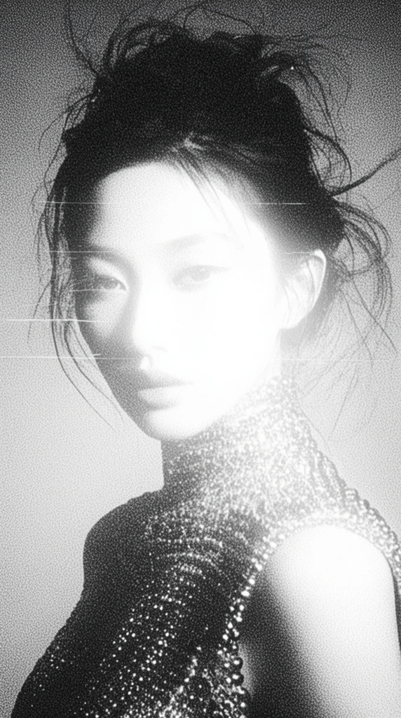 A heavily textured, high-contrast monochromatic portrait of a woman radiating an ethereal, overexposed glow. Her dark hair is styled in a loose updo with erratic flyaways framing her sharp facial features. She wears a high-collared, sleeveless garment adorned with a metallic beaded texture. Set against a simple gradient background, the composition is defined by an extreme stippled film grain and halftone noise. Blown-out highlights erase subtle facial details, while faint horizontal light leaks and scratches enhance the raw, experimental fashion photography aesthetic.