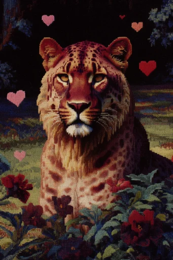 Digital Baroque Tapestry style reference image — pixelated tapestry texture