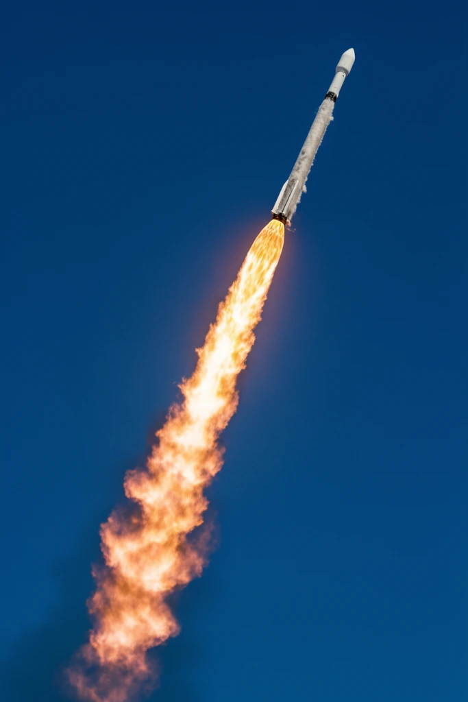 A slender white rocket ascends diagonally across a deep azure sky, propelled by a massive, intensely bright exhaust plume. Billowing orange and yellow fire trails behind the spacecraft, the turbulent flames dwarfing the vehicle itself. The crisp telephoto perspective captures the striking luminous contrast between the roaring golden propulsion and the infinite, clear blue atmospheric background.
