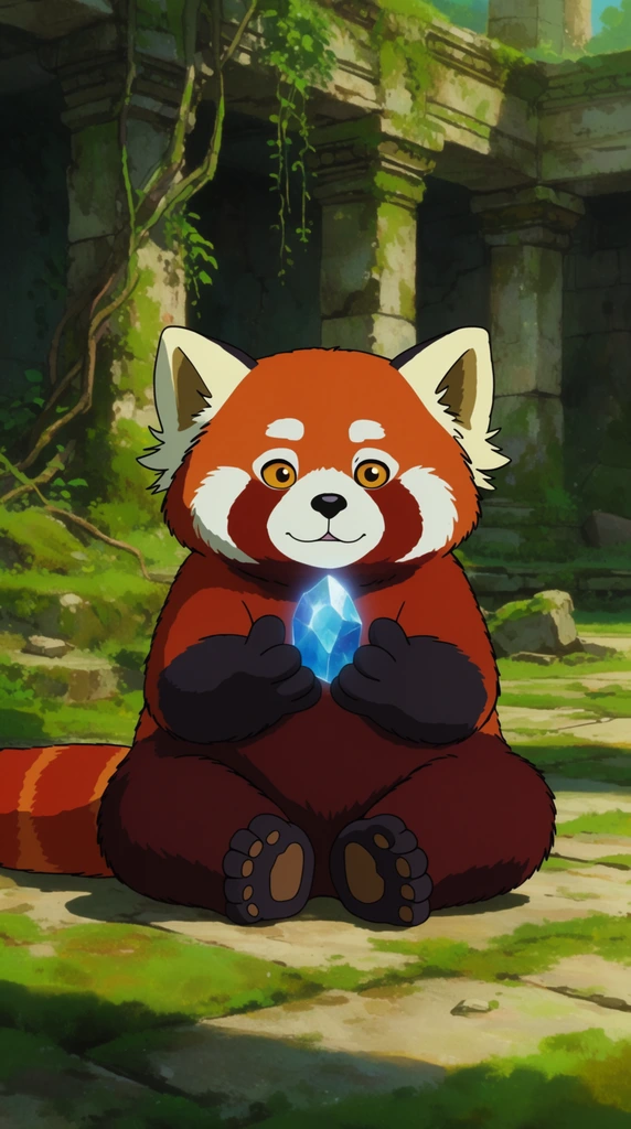A stout, anthropomorphic red panda sits cross-legged, gently cradling a glowing blue crystal. The creature features vibrant rust-red fur, stark white facial markings, deep charcoal paws, and large amber eyes. It is positioned centrally within a sunlit, ancient ruined temple courtyard covered in lush green moss. Thick vines cascade down weathered stone pillars behind it. Rendered in a traditional hand-drawn 2D animation style, the image contrasts crisp cel-shaded coloring on the character with a soft, painterly environment. Bright daylight casts dappled shadows across the stone floor, emphasizing a serene and mystical atmosphere.
