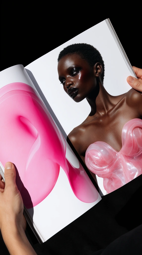 open magazine held by two hands against black background, left page features a large fluid abstract pink shape on white, right page displays an editorial fashion portrait of a dark-skinned woman with short hair and glossy makeup, she wears a molded translucent pink bodice, stark directional lighting, sharp shadows, high contrast photography, contemporary aesthetic